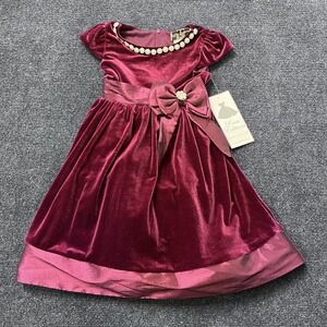 Rare Editions Dress Girls 6 Burgundy Velvet Pearl Collar Bow Sash Holiday Party
